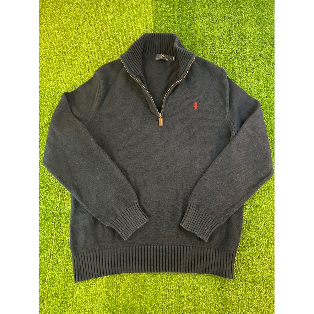 Polo Ralph Lauren Mens Quarter Zip Pullover Sweater Navy Blue Red Pony Logo L